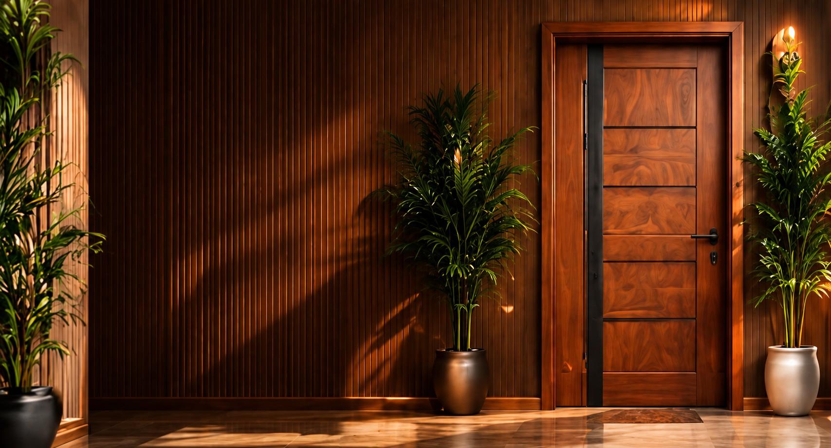 Laminated door with plants in a warm wooden hallway